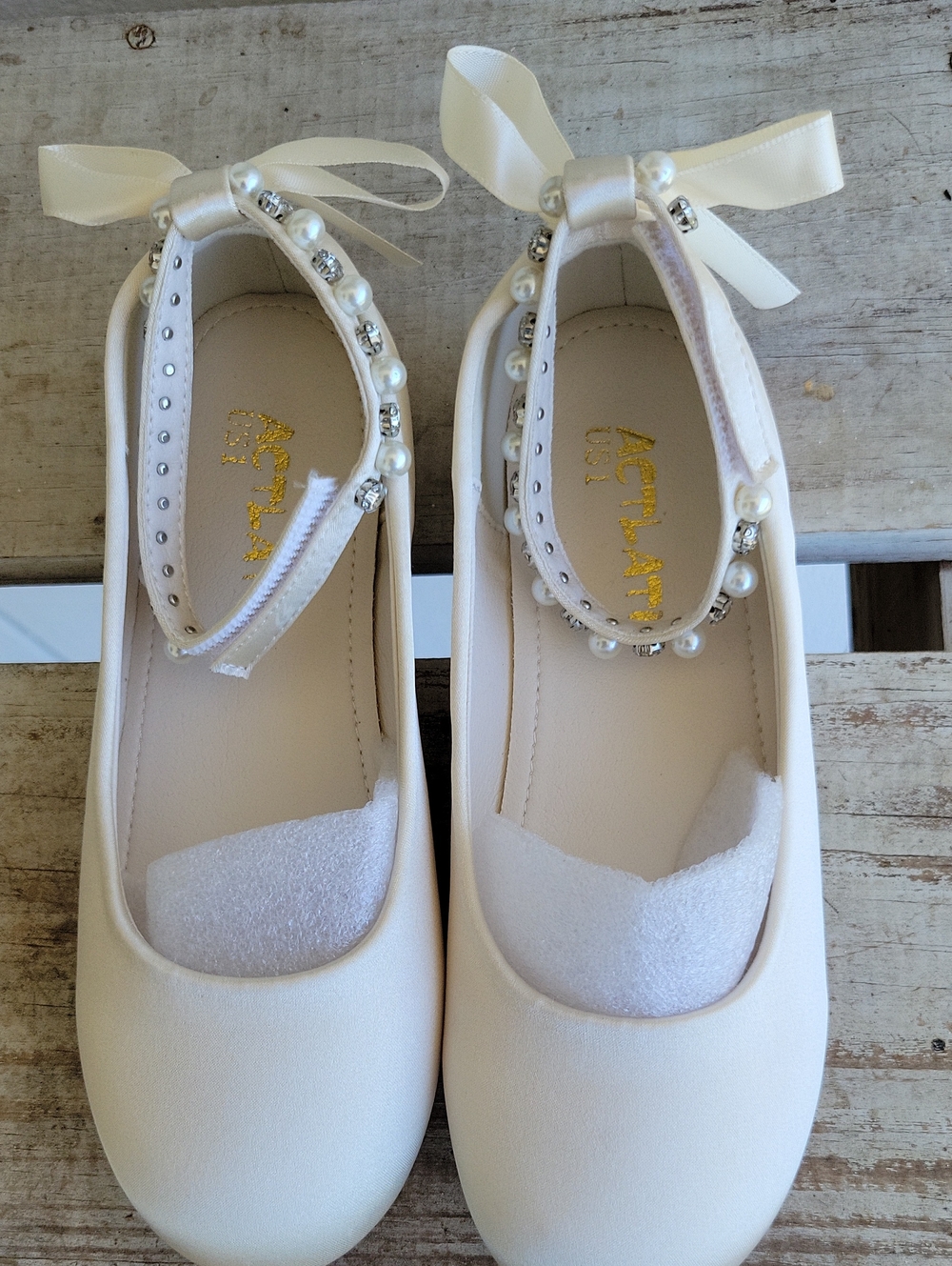 Girls Ivory Pearl-Trim Dress Ballet Flats with Ribbon Ankle Tie Actlati Wedding